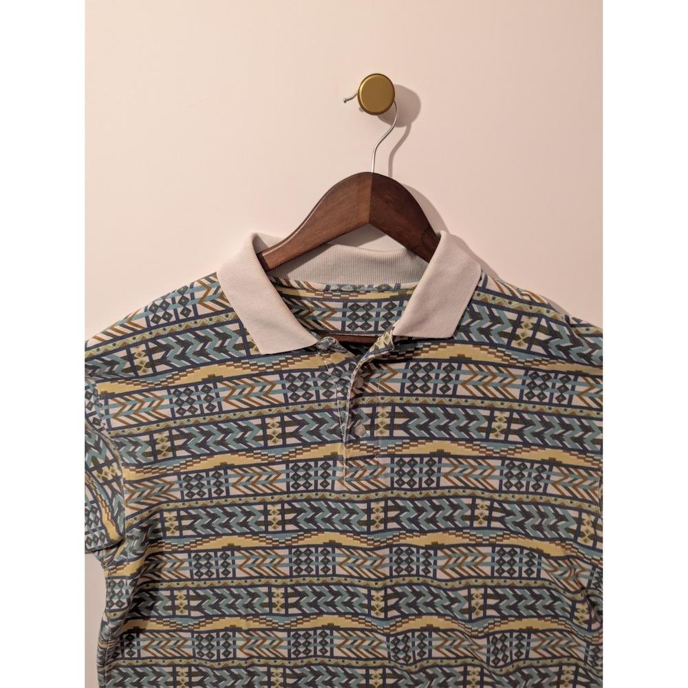 Unbranded Polo Shirt Mens XL Blue Geometric Tribal Print Short Sleeve Excellent